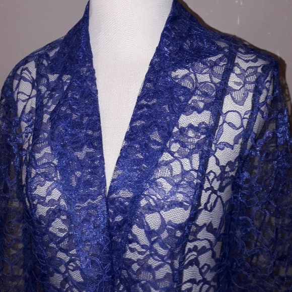 Royal Blue Sheer Lace Blazer Jacket - Picture 3 of 6